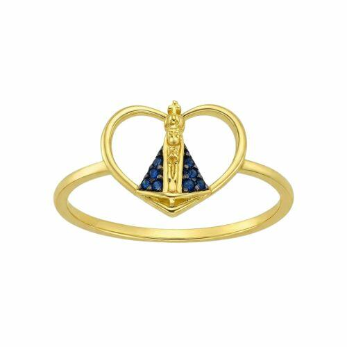 Anel Cora��o com Nossa Senhora Aparecida Banhado a Ouro