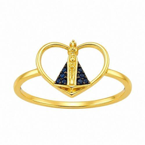 Anel Cora��o com Nossa Senhora Aparecida Banhado a Ouro