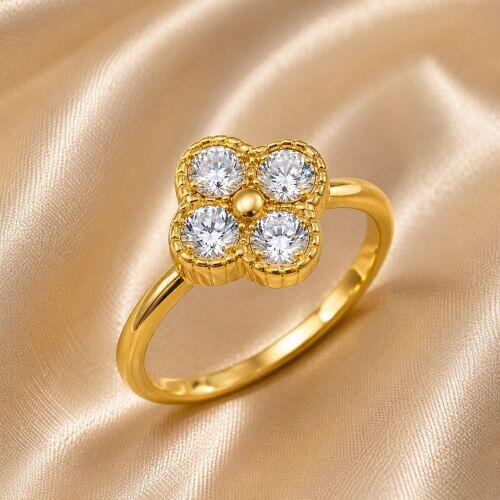 Anel Falange Flor 4 P�talas Zirc�nia Cristal Banhado a Ouro