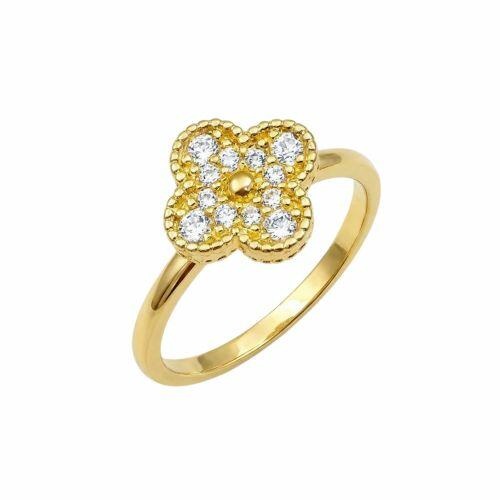 Anel Liso com Flor 4 Pétalas Zircônia Cristal Banhado a Ouro