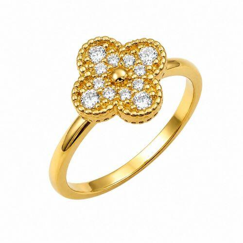 Anel Liso com Flor 4 P�talas Zirc�nia Cristal Banhado a Ouro