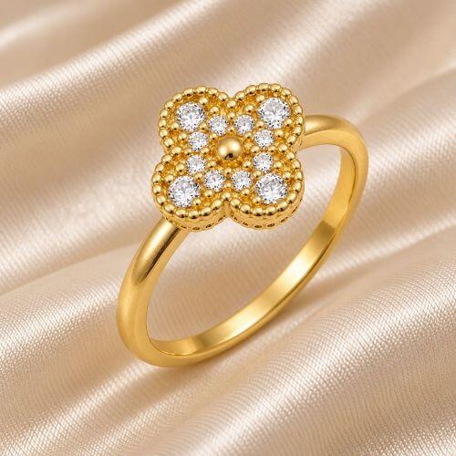 Anel Liso com Flor 4 Pétalas Zircônia Cristal Banhado a Ouro