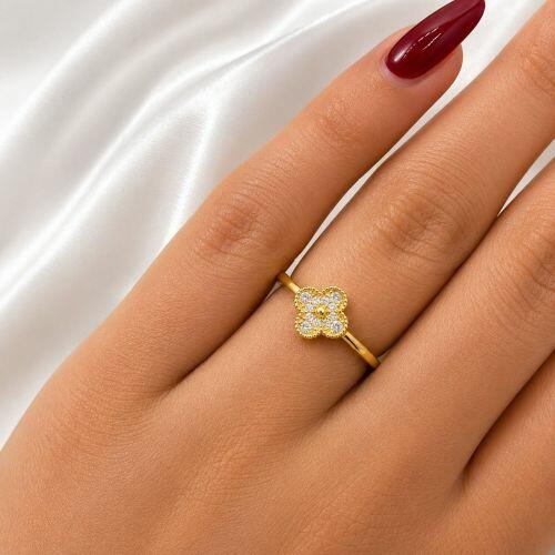 Anel Liso com Flor 4 Pétalas Zircônia Cristal Banhado a Ouro