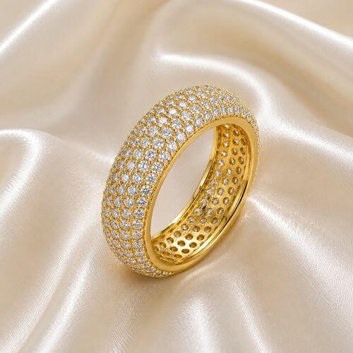 Anel Luxury 5 Fileiras Todo de Zirc�nia Cristal Banhado a Ouro