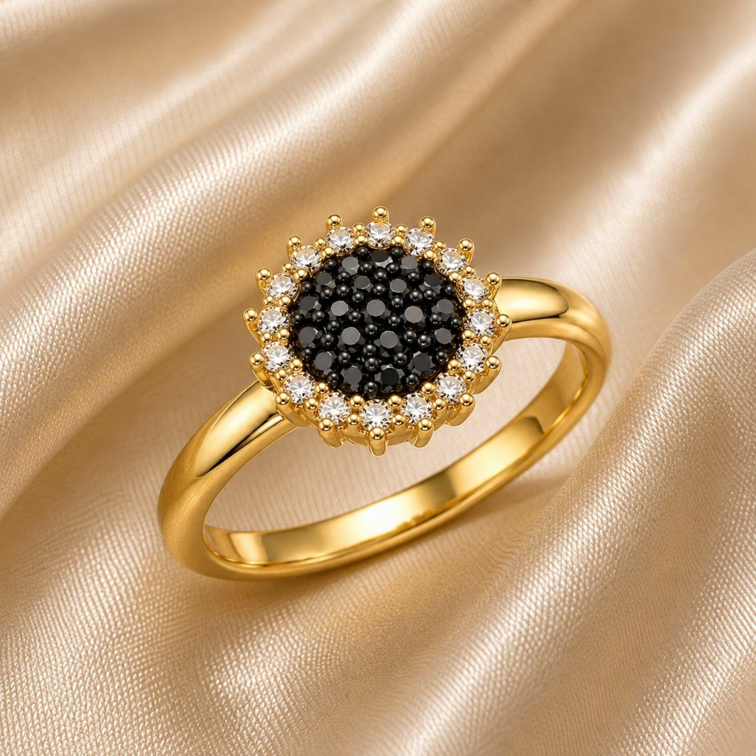 Anel Redondo Zircônia Cristal e Negra Banhado a Ouro
