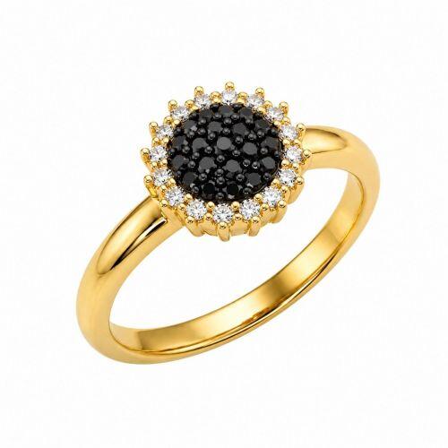 Anel Redondo Zircônia Cristal e Negra Banhado a Ouro
