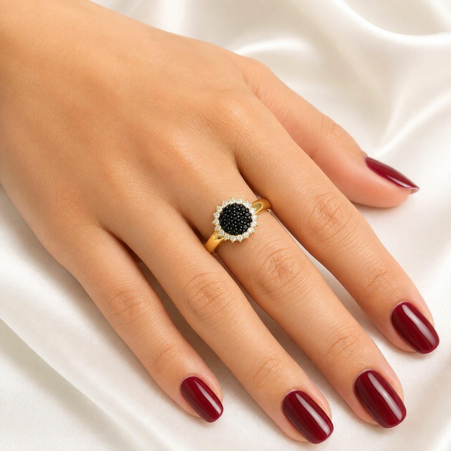 Anel Redondo Zircônia Cristal e Negra Banhado a Ouro
