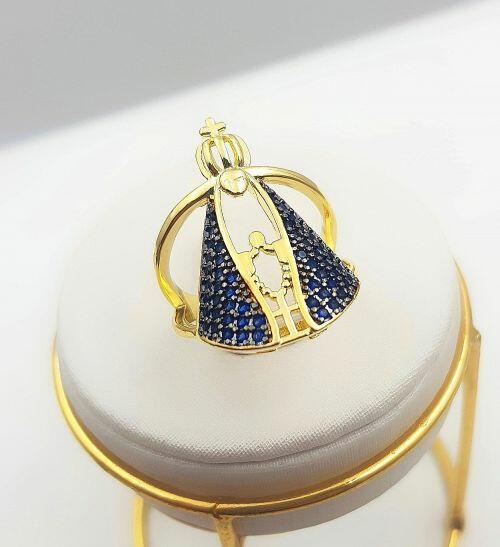 Anel Nossa Senhora Aparecida Zircônia Azul Banhado a Ouro