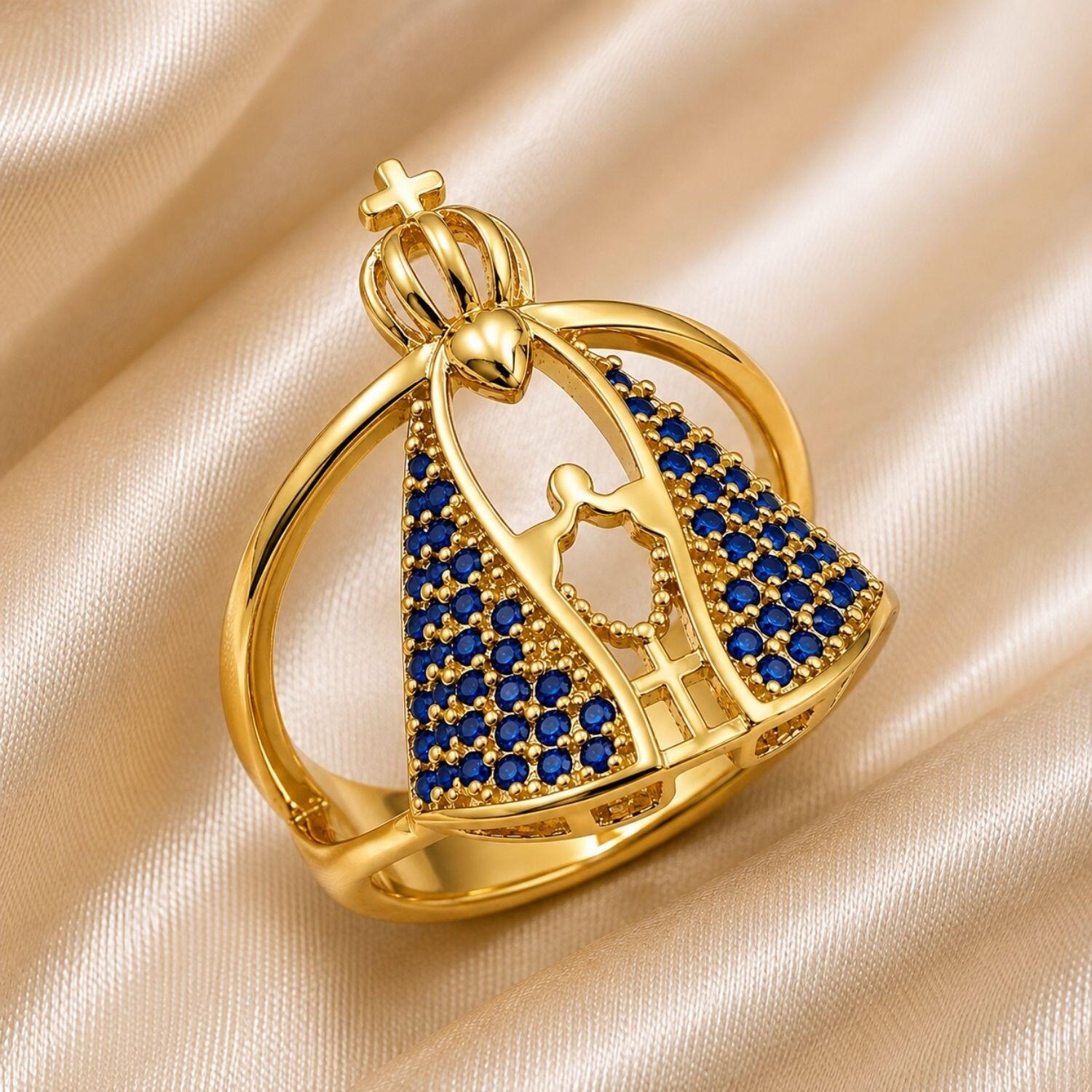 Anel Nossa Senhora Aparecida Zircônia Azul Banhado a Ouro