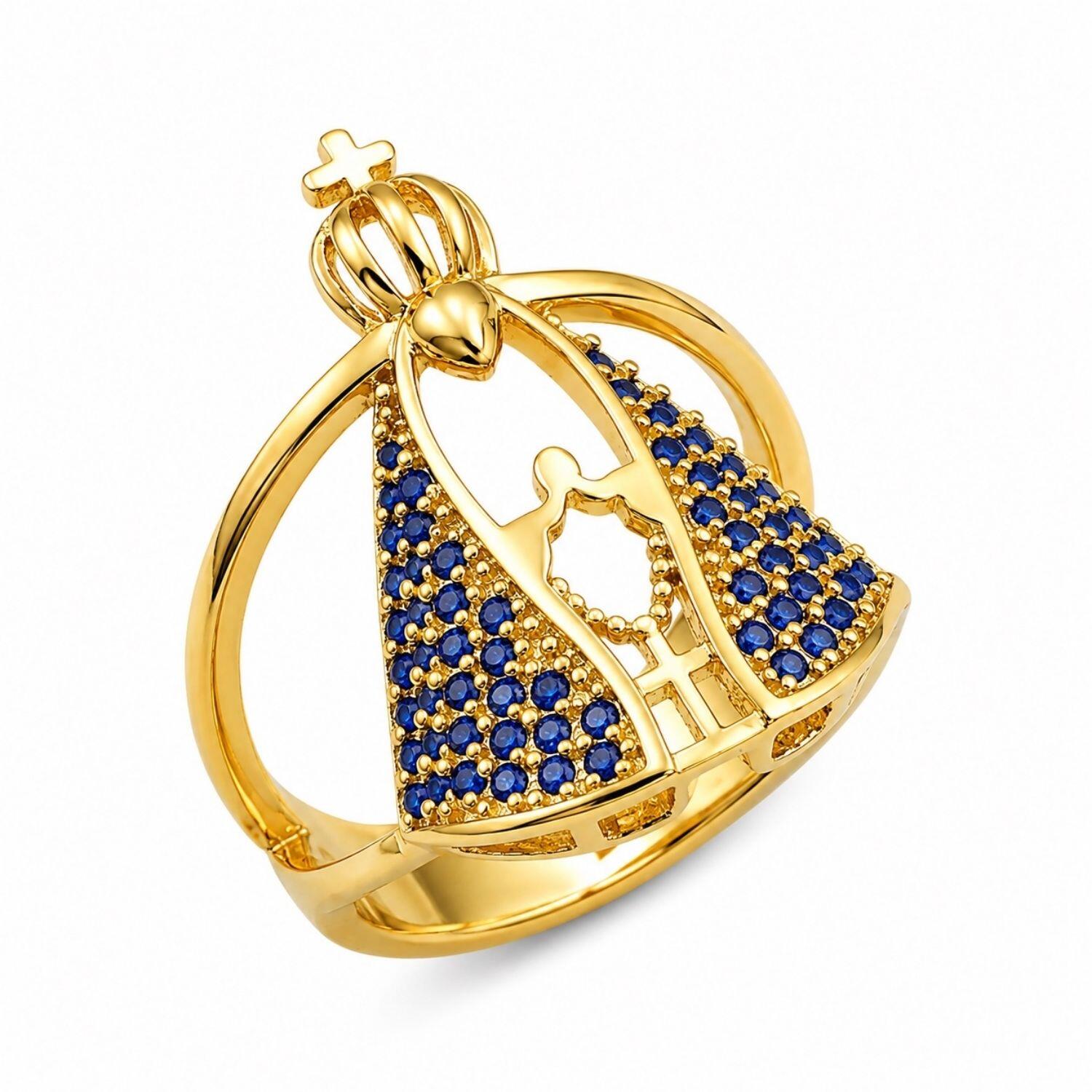 Anel Nossa Senhora Aparecida Zircônia Azul Banhado a Ouro
