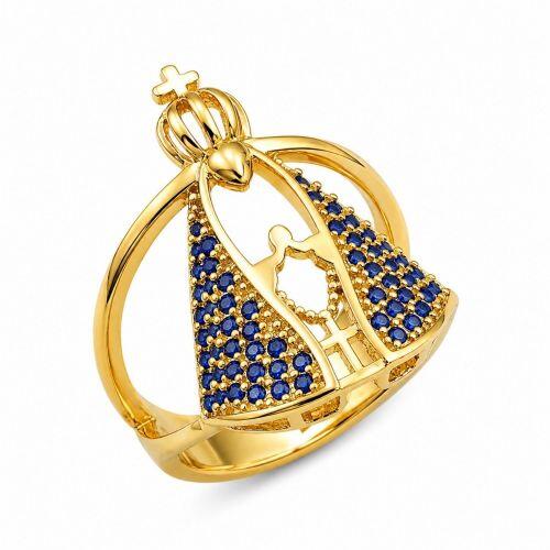 Anel Nossa Senhora Aparecida Zirc�nia Azul Banhado a Ouro