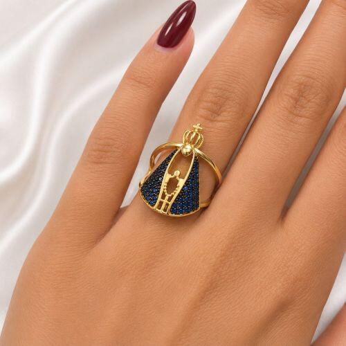Anel Nossa Senhora Aparecida Zircônia Azul Banhado a Ouro