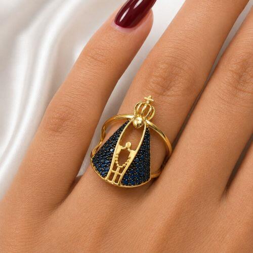 Anel Nossa Senhora Aparecida Zirc�nia Azul Banhado a Ouro