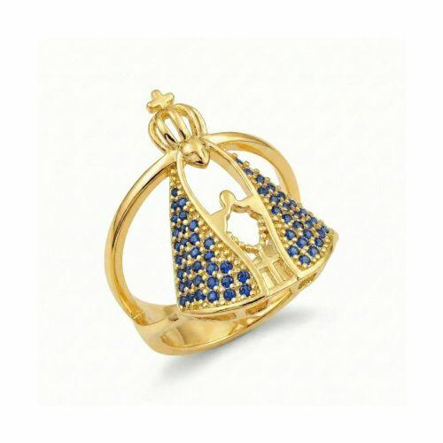 Anel Nossa Senhora Aparecida Zircônia Azul Banhado a Ouro
