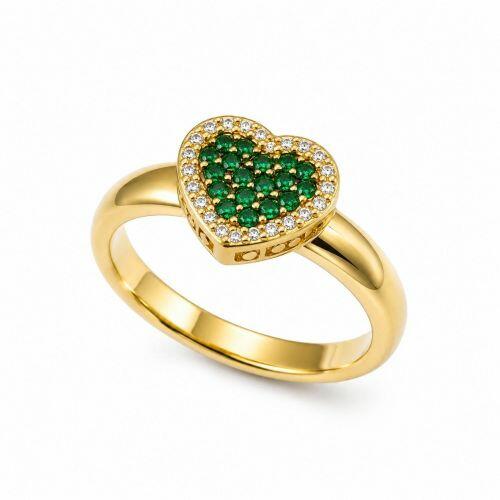 Anel Cora��o Zirc�nia Cristal e Esmeralda Banhado a Ouro
