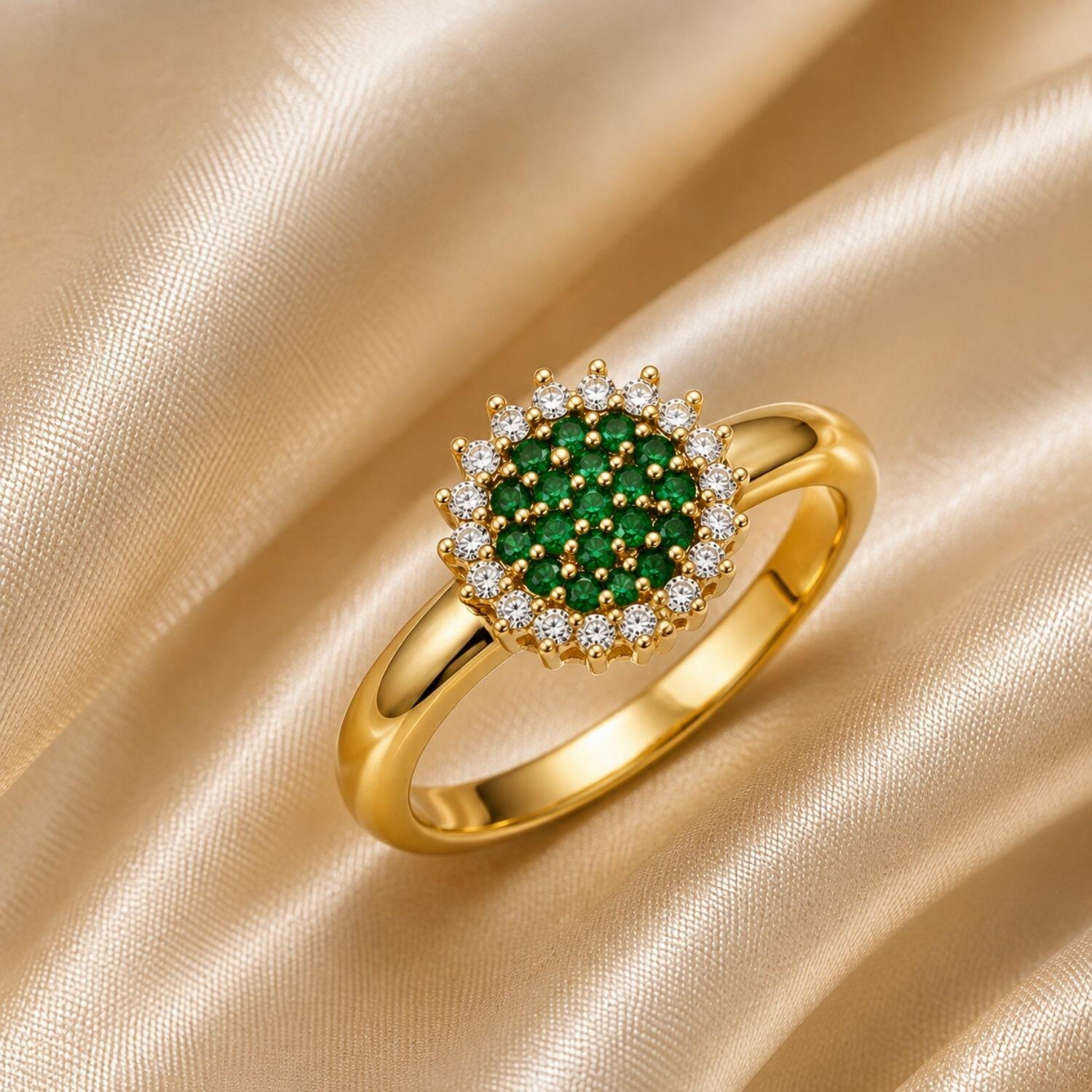 Anel Redondo Zircônia Cristal e Esmeralda Banhado a Ouro