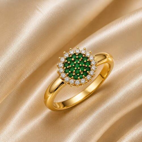 Anel Redondo Zirc�nia Cristal e Esmeralda Banhado a Ouro