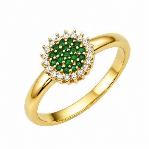 Anel Redondo Zirc�nia Cristal e Esmeralda Banhado a Ouro