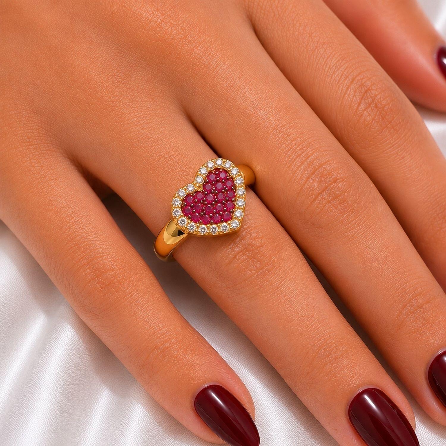 Anel Coração Zircônia Cristal e Rosa Banhado a Ouro