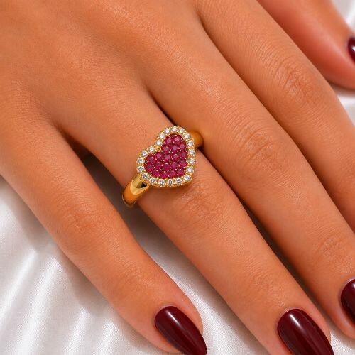 Anel Cora��o Zirc�nia Cristal e Rosa Banhado a Ouro