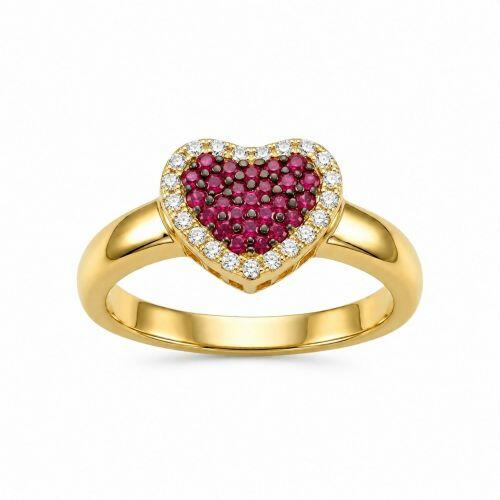 Anel Cora��o Zirc�nia Cristal e Rosa Banhado a Ouro