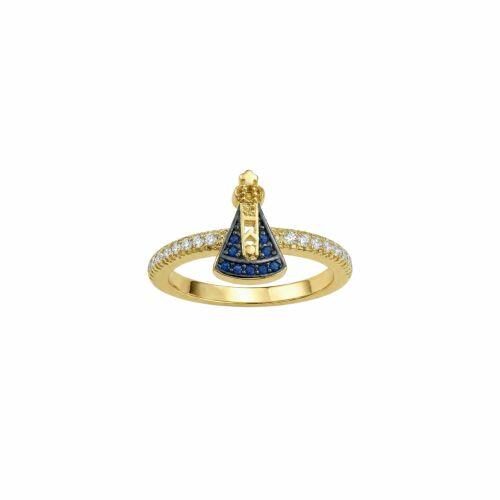 Anel Nossa Senhora Aparecida Zircônia Azul e Cristal Banhado a Ouro