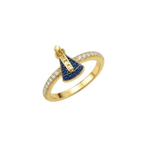 Anel Nossa Senhora Aparecida Zircônia Azul e Cristal Banhado a Ouro