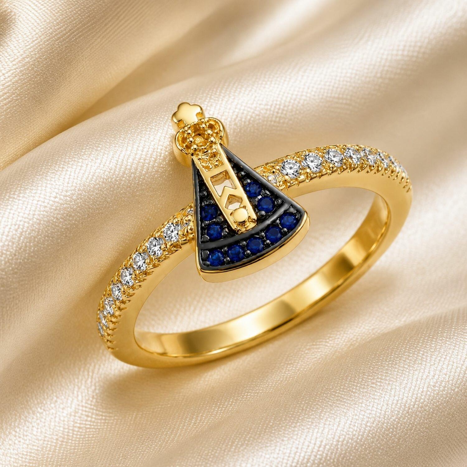 Anel Nossa Senhora Aparecida Zircônia Azul e Cristal Banhado a Ouro