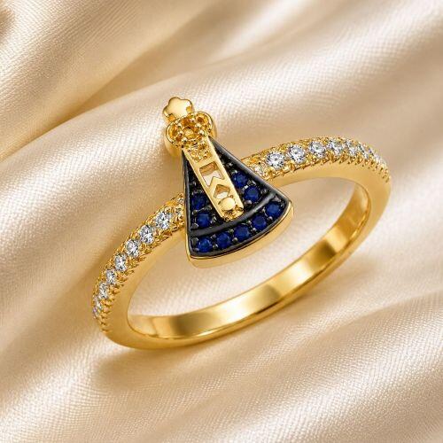 Anel Nossa Senhora Aparecida Zircônia Azul e Cristal Banhado a Ouro