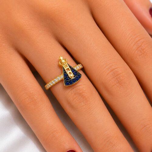 Anel Nossa Senhora Aparecida Zirc�nia Azul e Cristal Banhado a Ouro