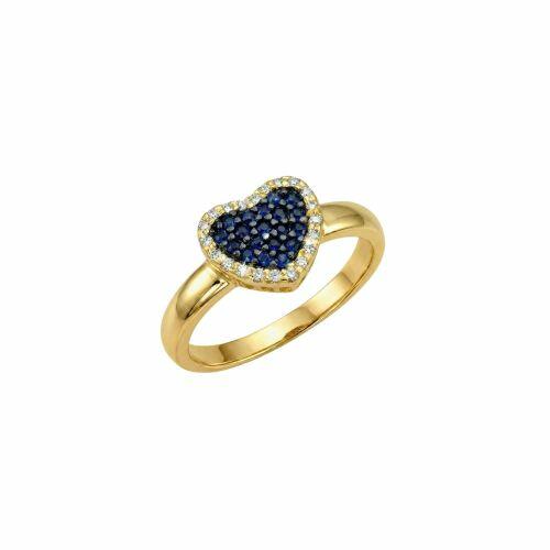Anel Coração Zircônia Cristal e Azul Banhado a Ouro