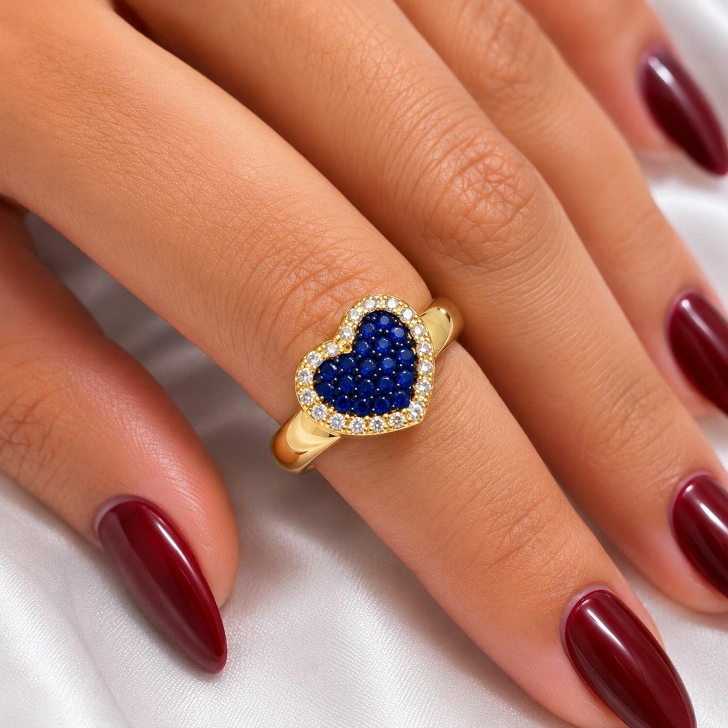 Anel Coração Zircônia Cristal e Azul Banhado a Ouro