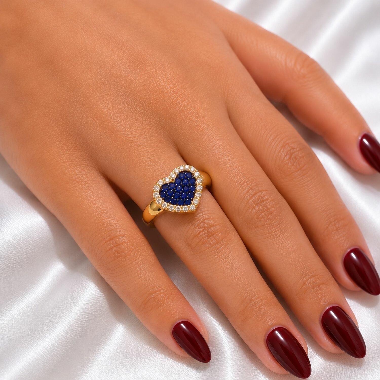 Anel Coração Zircônia Cristal e Azul Banhado a Ouro