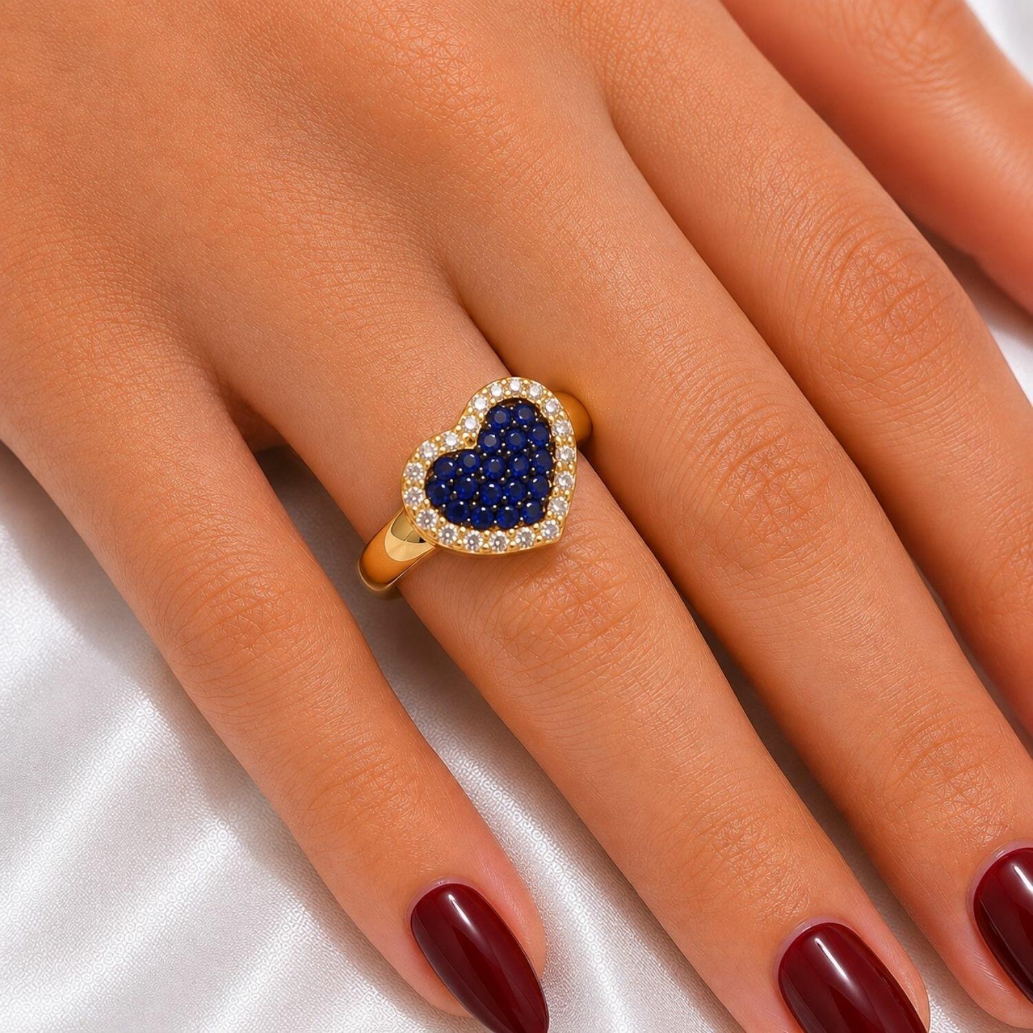 Anel Coração Zircônia Cristal e Azul Banhado a Ouro