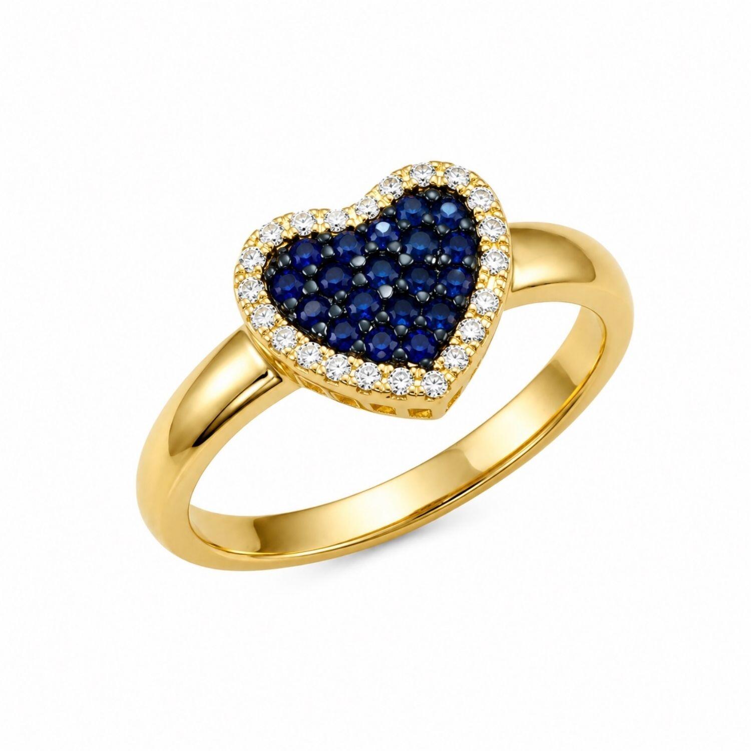 Anel Coração Zircônia Cristal e Azul Banhado a Ouro