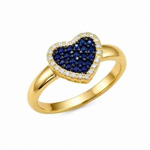 Anel Cora��o Zirc�nia Cristal e Azul Banhado a Ouro