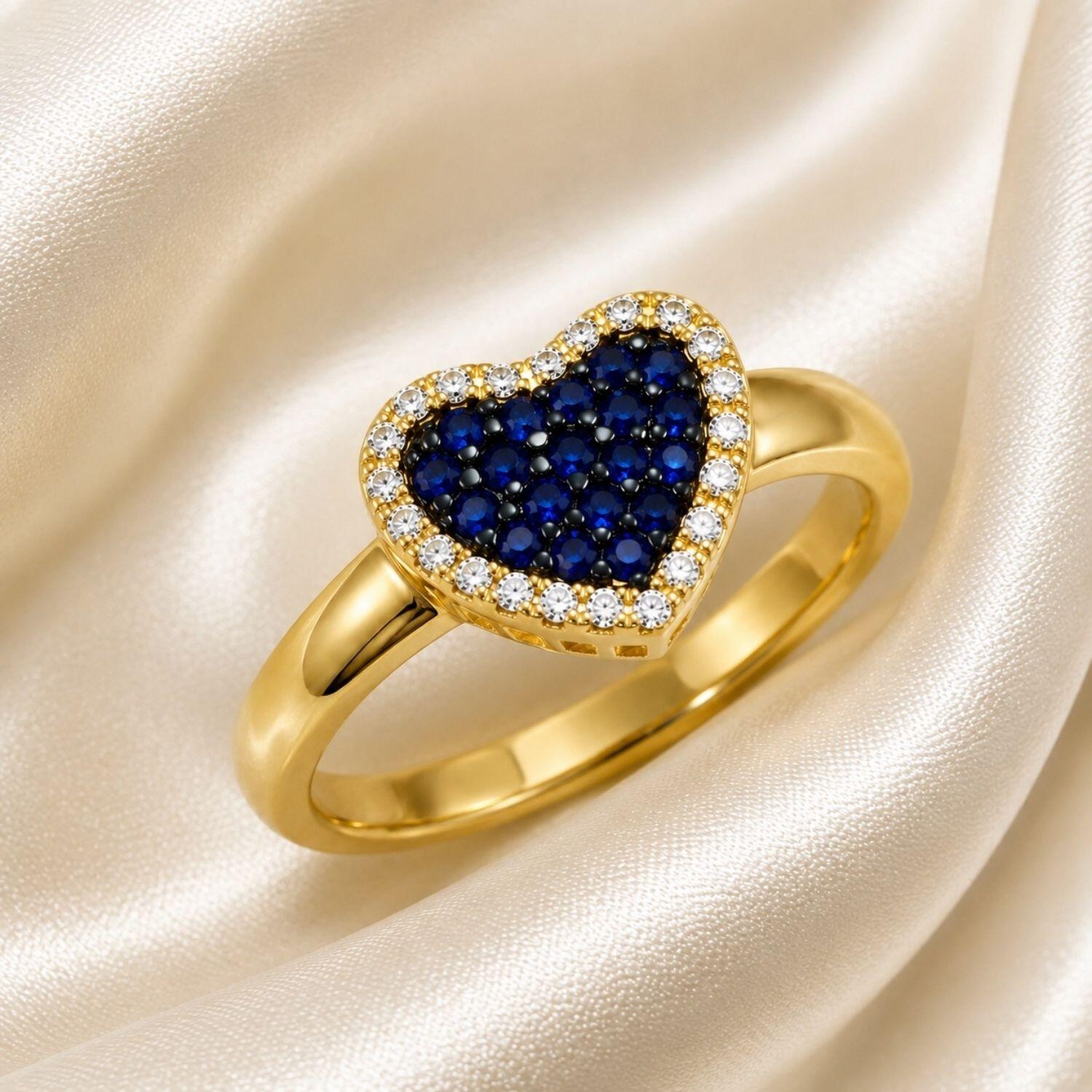 Anel Coração Zircônia Cristal e Azul Banhado a Ouro