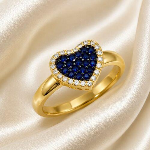 Anel Coração Zircônia Cristal e Azul Banhado a Ouro
