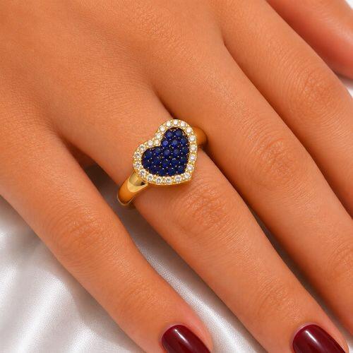 Anel Cora��o Zirc�nia Cristal e Azul Banhado a Ouro