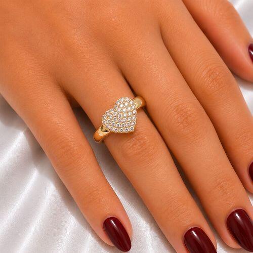 Anel Cora��o Zirc�nia Cristal Banhado a Ouro