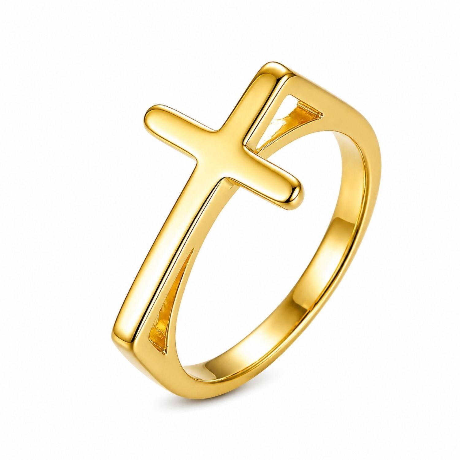 Anel Cruz Deitada Lisa Banhado a Ouro