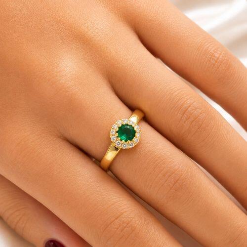 Anel Solit�rio Flor Zirc�nia Esmeralda e Cristal Banhado a Ouro