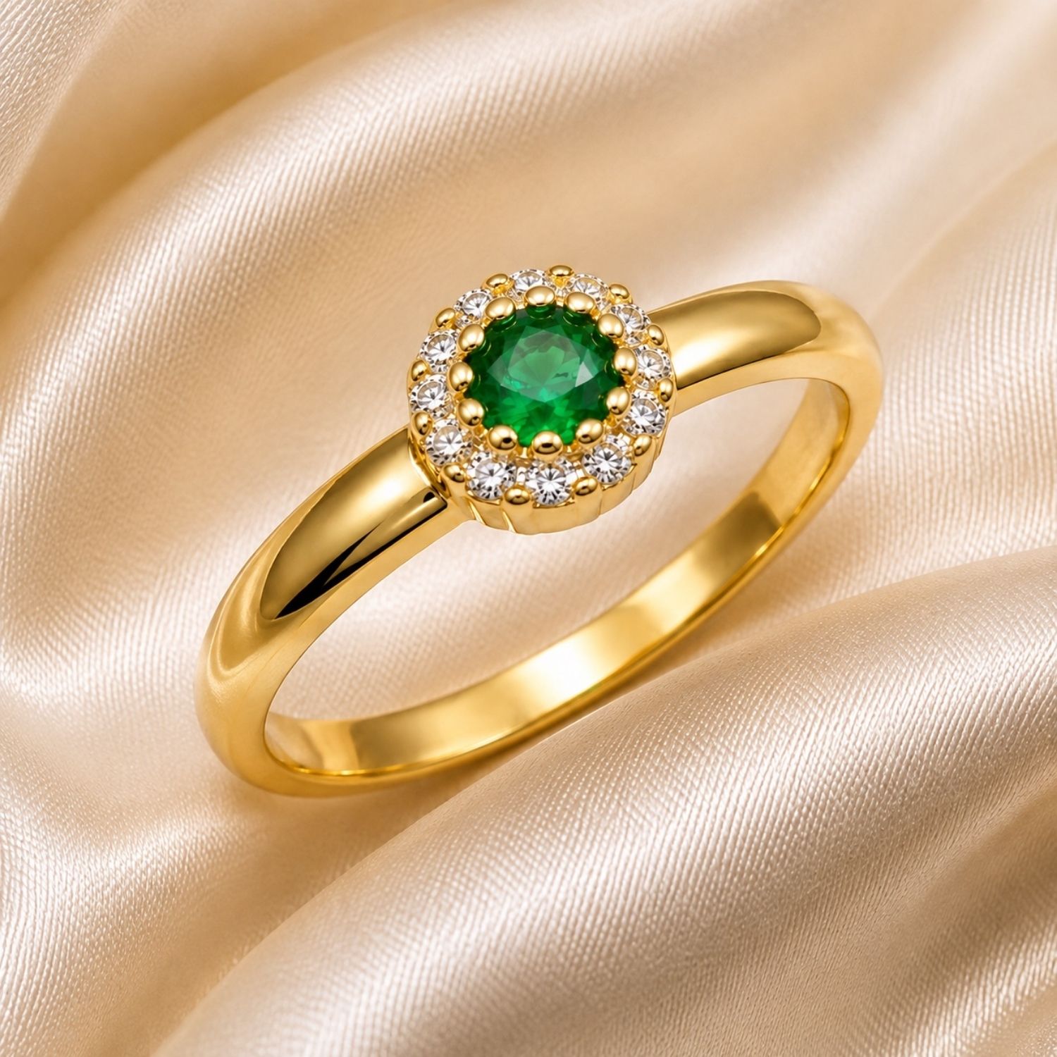 Anel Solitário Flor Zircônia Esmeralda e Cristal Banhado a Ouro