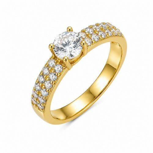 Anel Solit�rio com 2 Fileiras de Micro Zirc�nia Cristal Banhado a Ouro