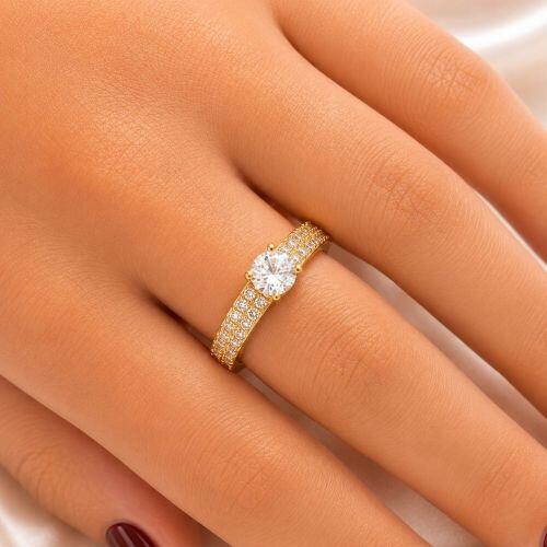 Anel Solit�rio com 2 Fileiras de Micro Zirc�nia Cristal Banhado a Ouro