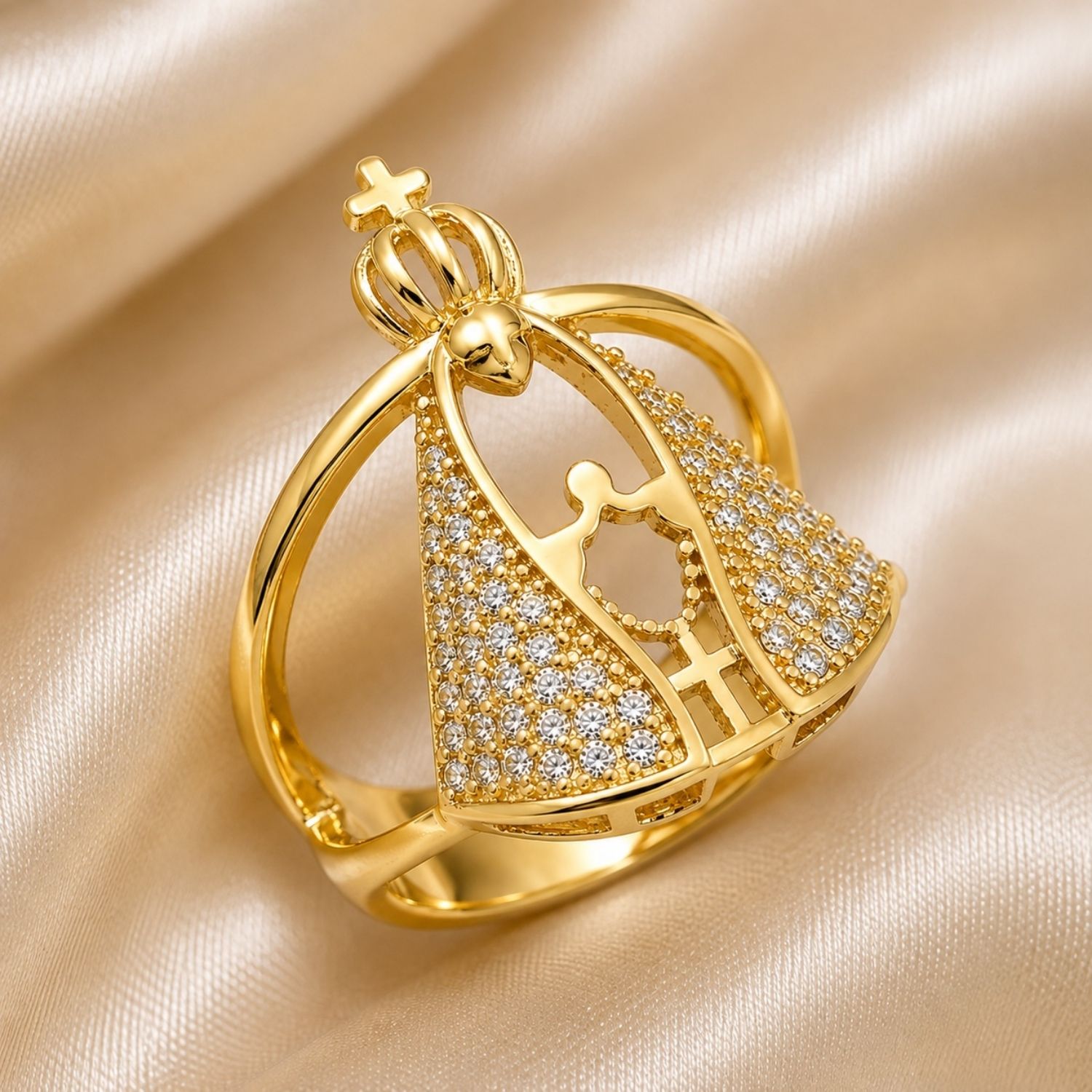 Anel Nossa Senhora Aparecida Zircônia Cristal Banhado a Ouro