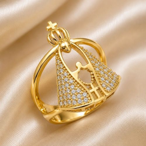 Anel Nossa Senhora Aparecida Zircônia Cristal Banhado a Ouro