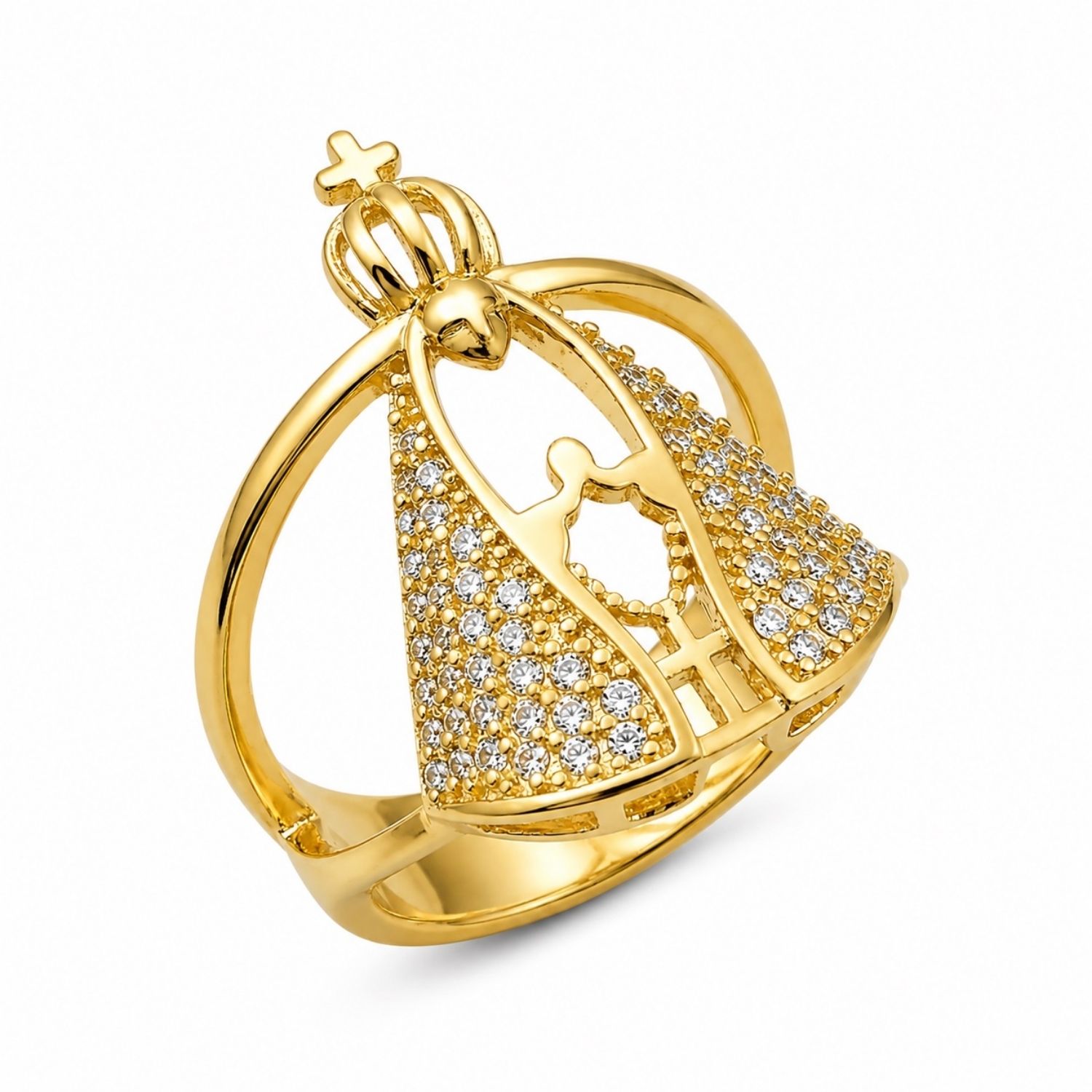 Anel Nossa Senhora Aparecida Zircônia Cristal Banhado a Ouro