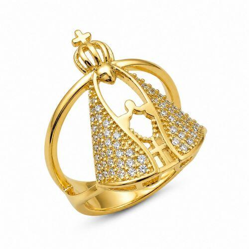 Anel Nossa Senhora Aparecida Zirc�nia Cristal Banhado a Ouro