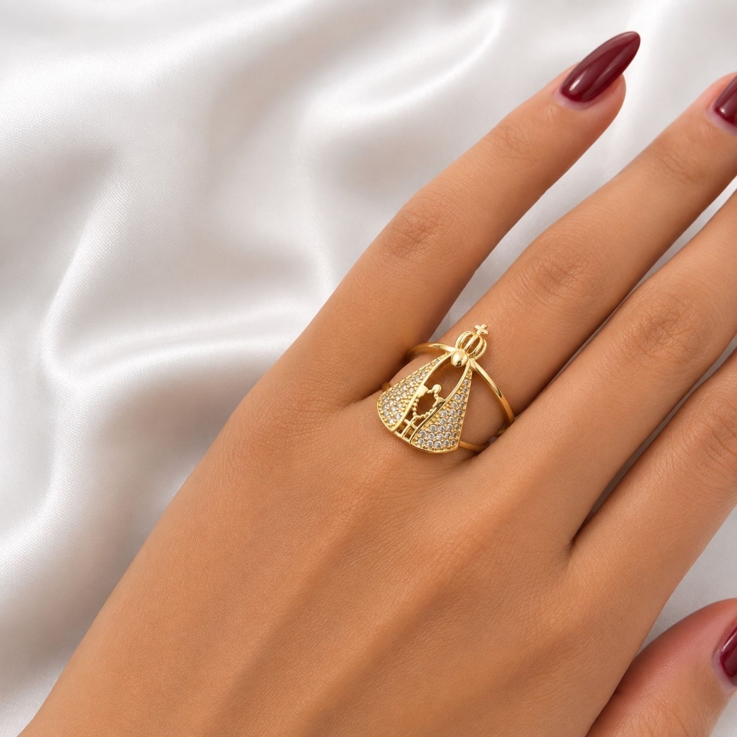 Anel Nossa Senhora Aparecida Zircônia Cristal Banhado a Ouro